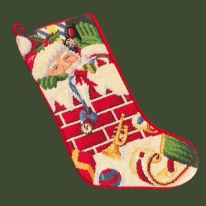 Vintage Wool Needlepoint Christmas Stocking Santa Chimney 19" MARKED NICHOLAS
